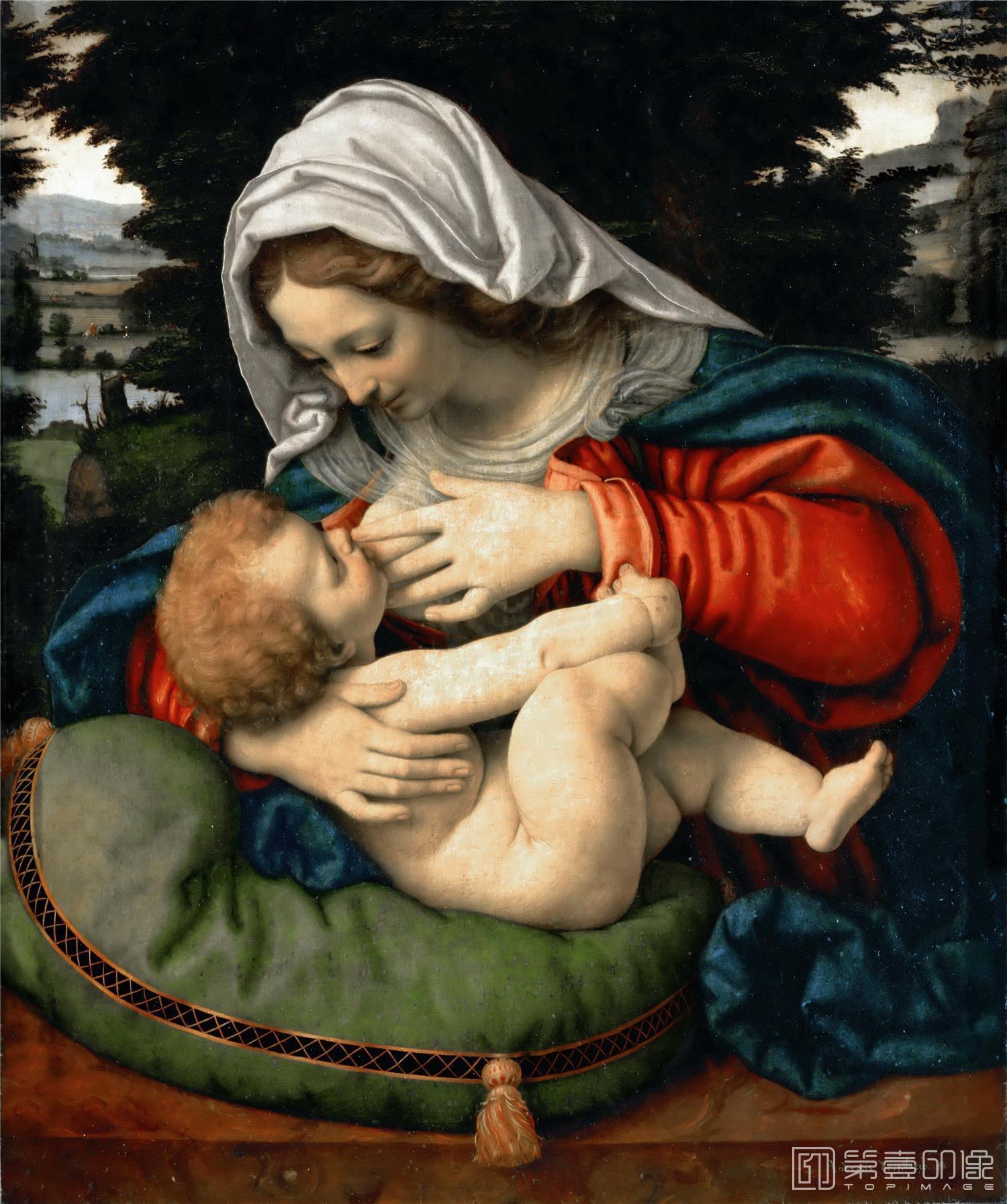 油画-卢浮宫-Andrea SolarioMadonna and Child with Green Cushion-0117